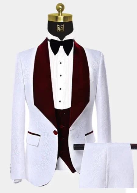 Men One Button Floral White and Burgundy Tuxedo – 3 Piece