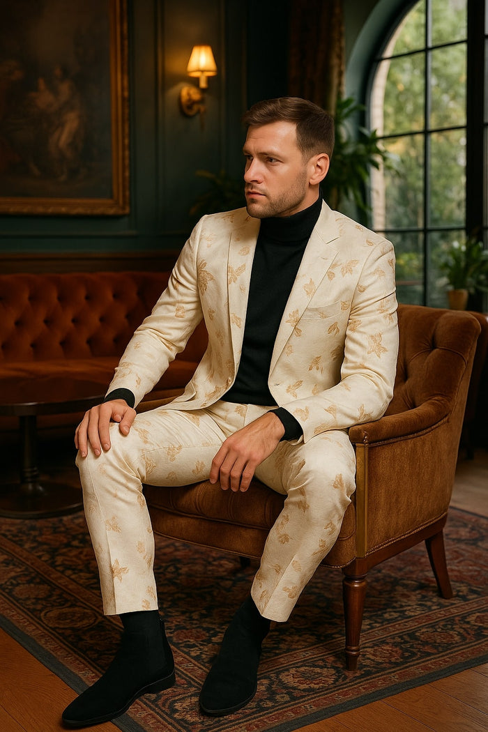 Mens White and Gold Embroidered Floral Suit Prom Tuxedo Suit