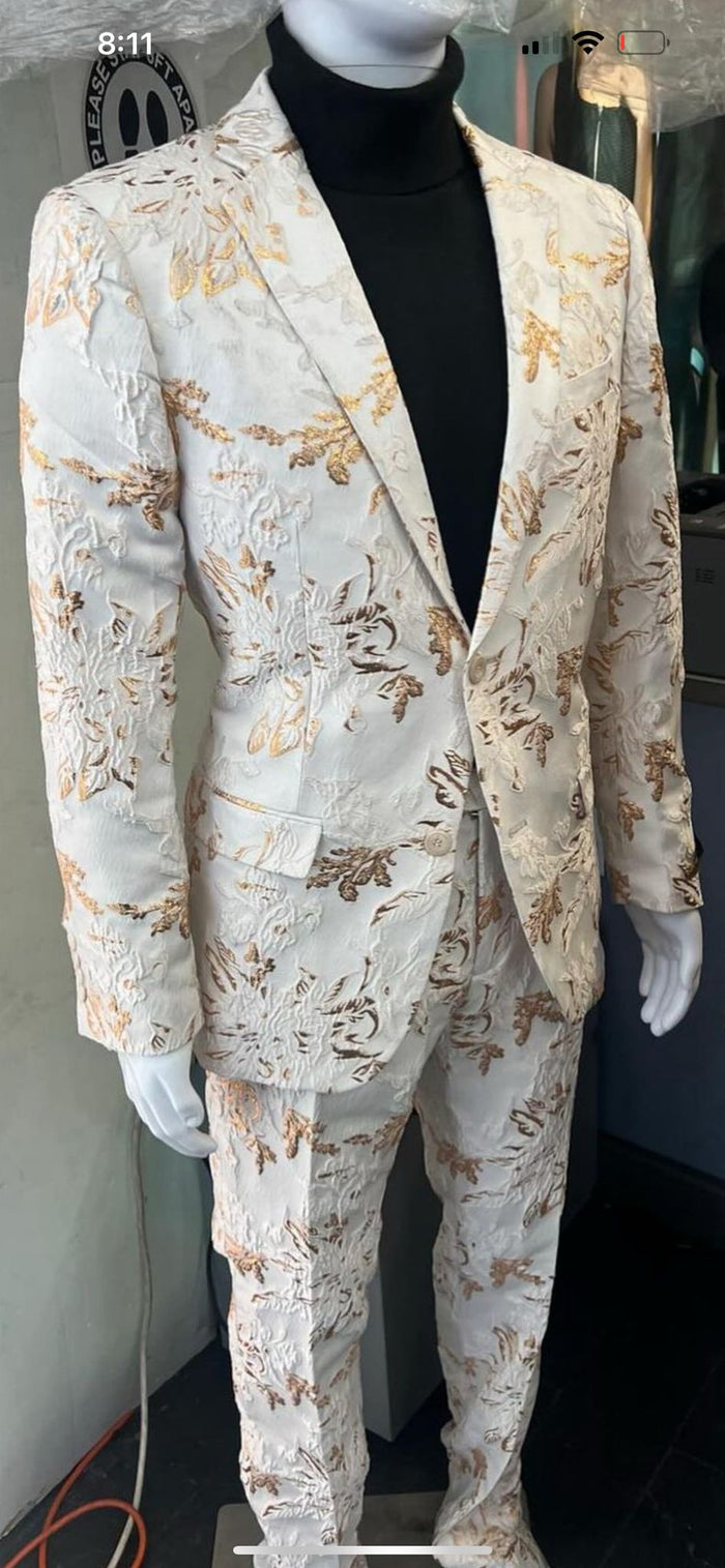Mens White and Gold Embroidered Floral Suit Prom Tuxedo Suit