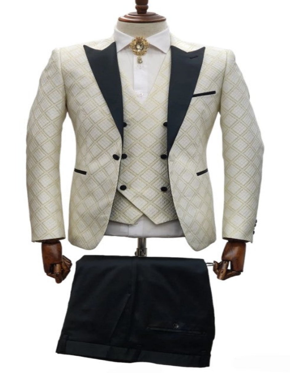 Ivory Wedding Suit - Cream Tuxedo Suit - Ivory Dinner Jacket Plus Pants White ~ Gold - Coat Size 38