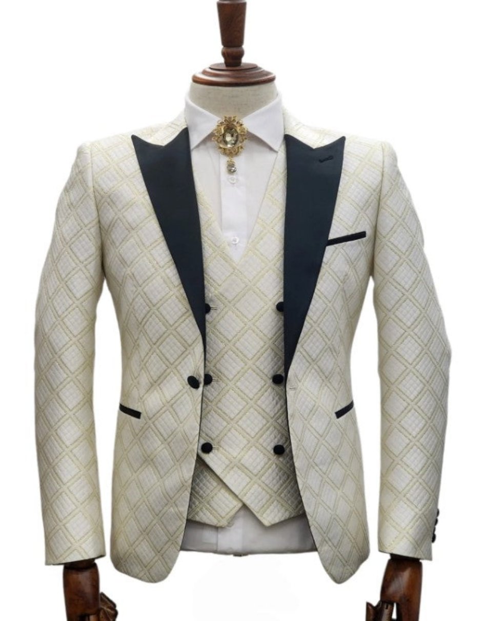 Ivory Wedding Suit - Cream Tuxedo Suit - Ivory Dinner Jacket Plus Pants White ~ Gold - Coat Size 38