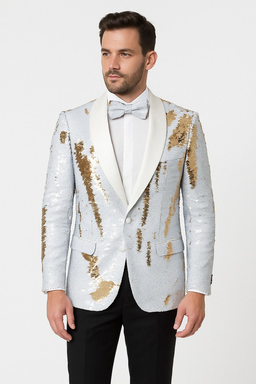 Mens White and Gold Reversible Sequin Tuxedo Jacket with Satin Lapel and Matching Bow Tie - 34 Short or Extra Small
