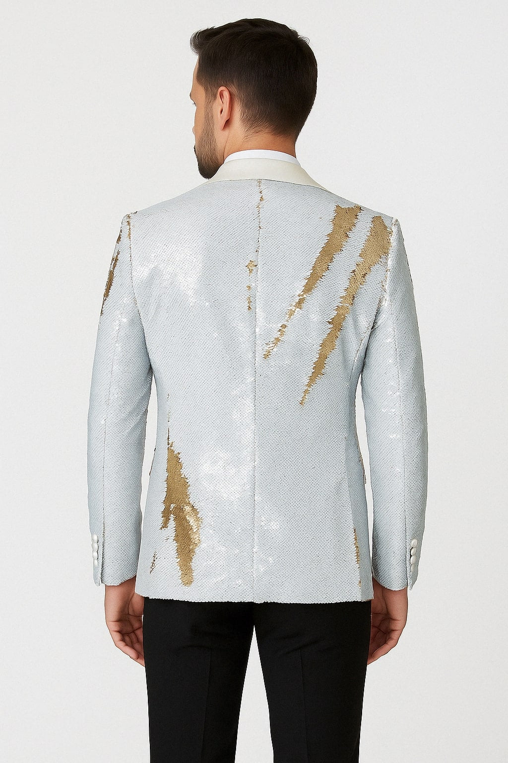 Mens White and Gold Reversible Sequin Tuxedo Jacket with Satin Lapel and Matching Bow Tie - 34 Short or Extra Small