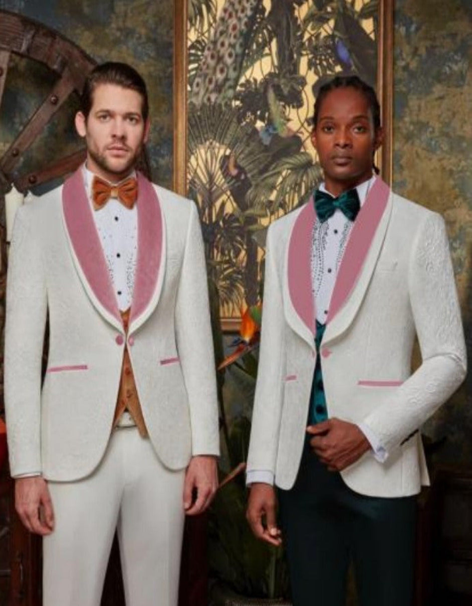 WHITE AND PINK TUXEDO - PROM SUIT (JACKET + PANTS + VEST + BOWTIE PACKAGE - 34 Short or Extra Small