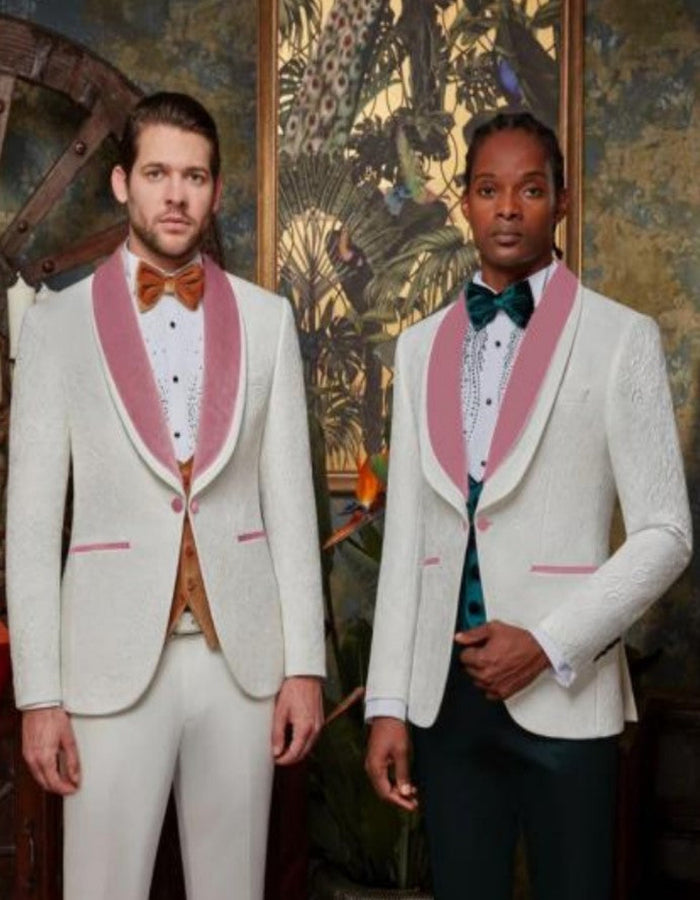WHITE AND PINK TUXEDO - PROM SUIT (JACKET + PANTS + VEST + BOWTIE PACKAGE