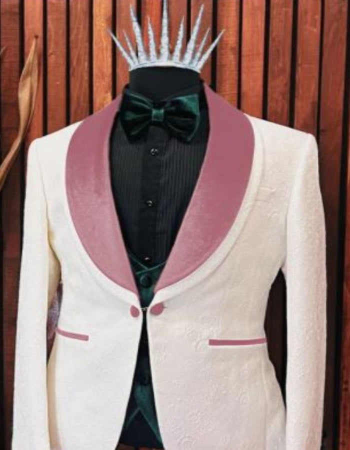 WHITE AND PINK TUXEDO - PROM SUIT (JACKET + PANTS + VEST + BOWTIE PACKAGE