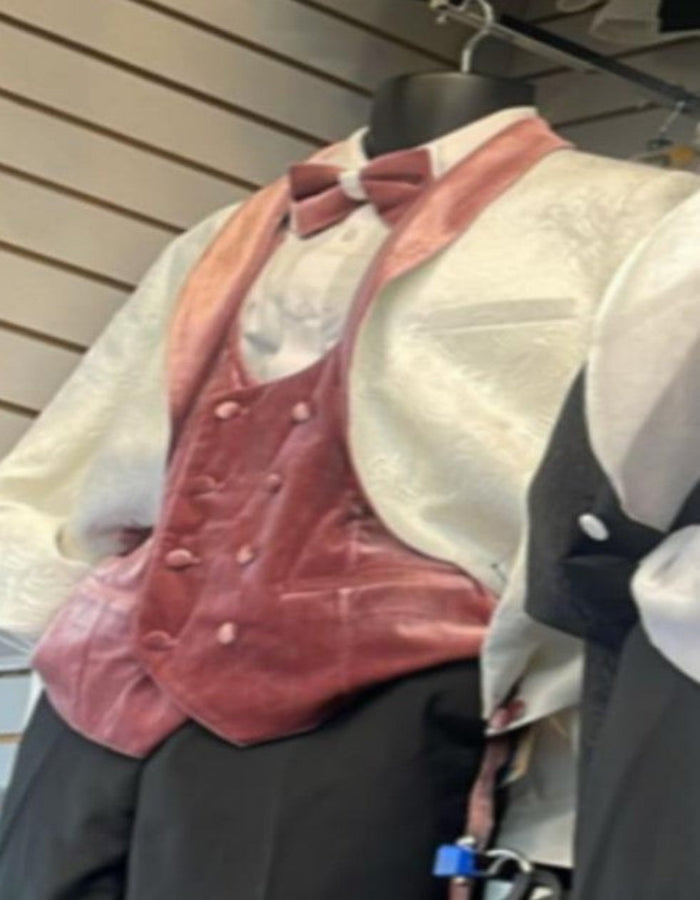 WHITE AND PINK TUXEDO - PROM SUIT (JACKET + PANTS + VEST + BOWTIE PACKAGE