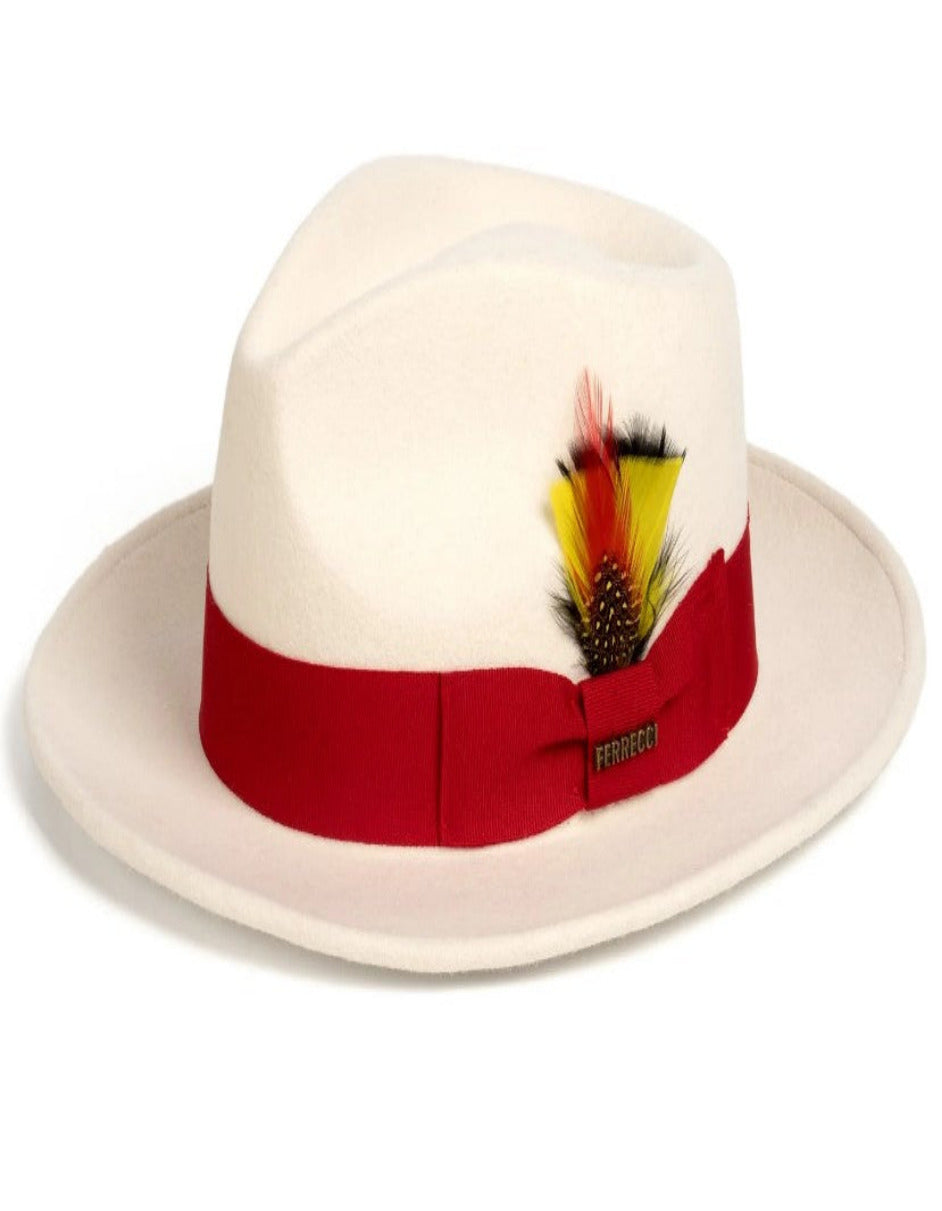 White and Red Dress Hat 1920s Fedora Style - Mens Classic Wool Fedora Dress Hat in White and Red - S