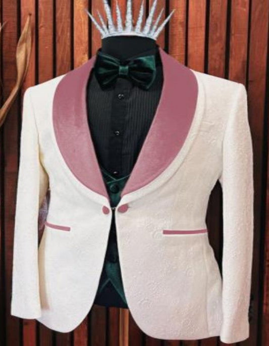 White and Rose Gold Tuxedo Suit - Wedding Groom Vested Suit