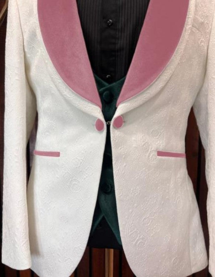White and Rose Gold Tuxedo Suit - Wedding Groom Vested Suit
