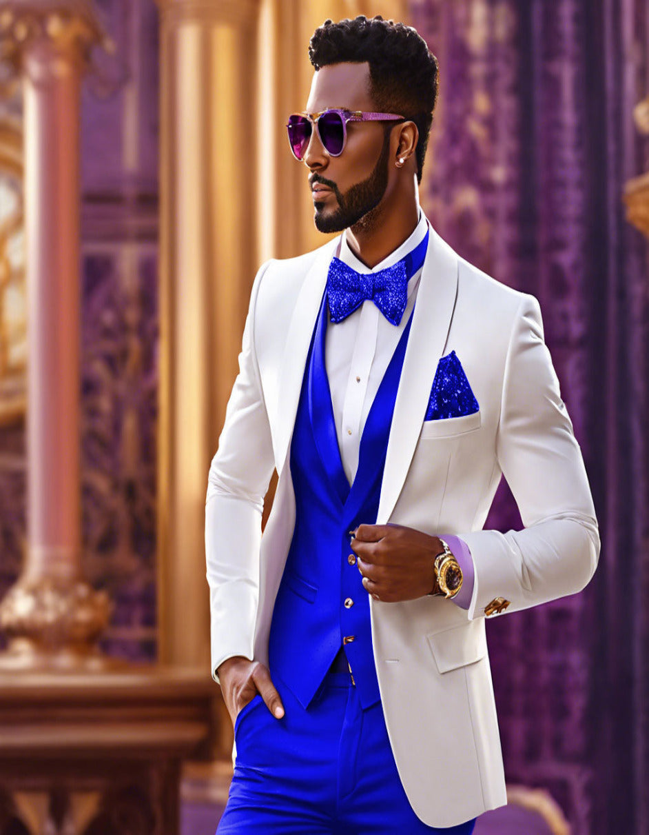 White and Royal Blue Tuxedo Wedding Suit - White Dinner Jacket + Vest + Pants + Bow-tie-New Designer Collection - 34 Short or Extra Small