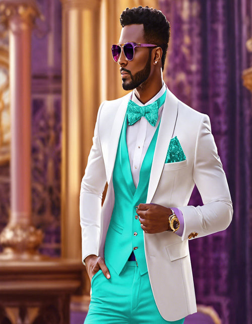 White and Turquoise Tuxedo Wedding Suit - White Dinner Jacket + Vest + Pants + Bow-tie-New Designer Collection