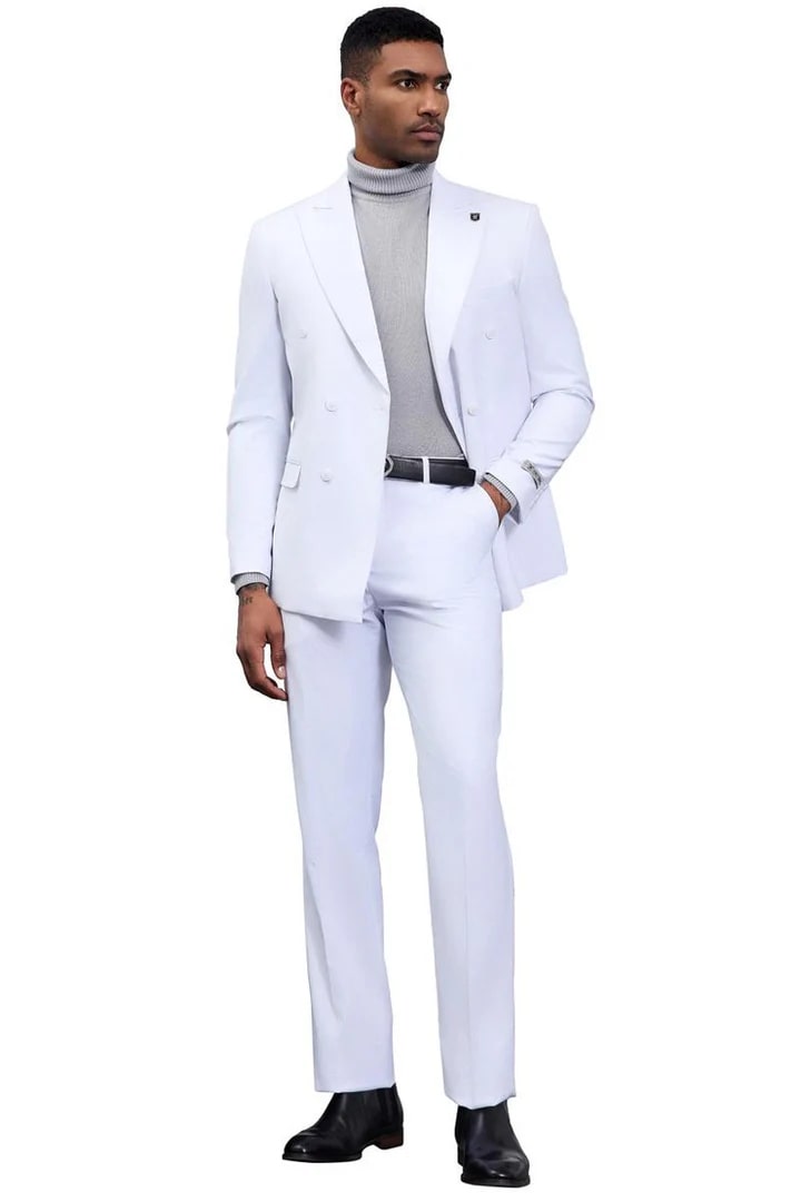 Cheap Priced Suit - Men's Designer Stacy Adams Classic Double Breasted White Suit - 38 Short Jacket+32 Waist Adjustable 28to34)(Height: 5 4 to5 7 )(Neck  15-16.5)S-M)