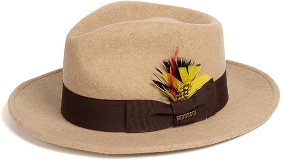 Gangster 100% Australian Wool Crushable Mens Fedora Hat - Removable Feather Gangster Beige Melange Mens Fedora Hat - Small
