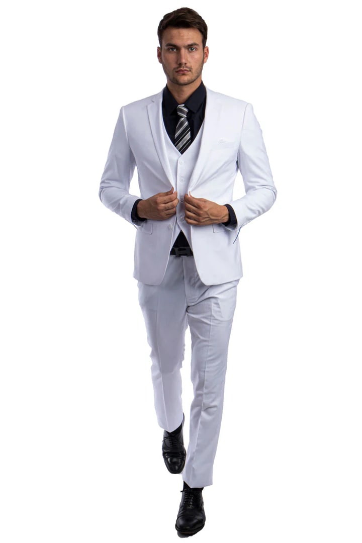 Cheap Priced Suit - Men's Two Button Slim Fit Vested Solid Basic Color White Suit - 38 Short Jacket+32 Waist Adjustable 28to34)(Height: 5 4 to5 7 )(Neck  15-16.5)S-M)