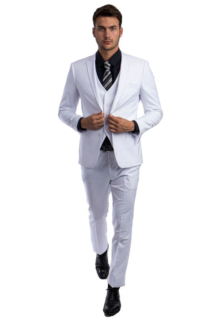 Cheap Priced Suit - Men's Two Button Slim Fit Vested Solid Basic Color White Suit