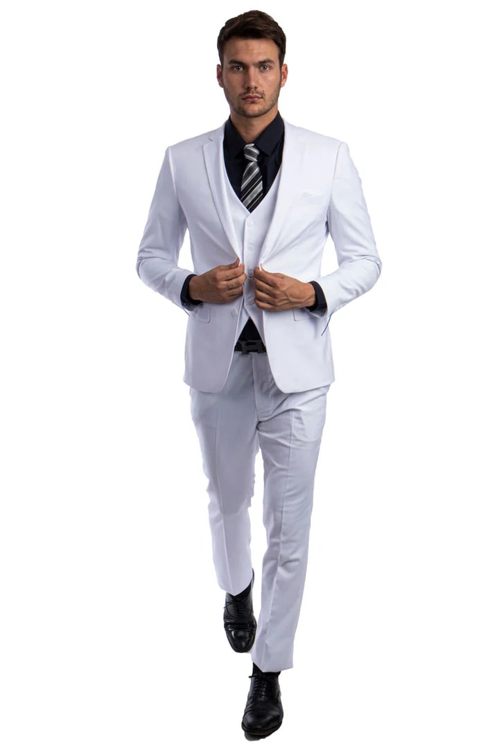 Cheap Suit - Men's Two Button Slim Fit Vested Solid Basic Color White Suit