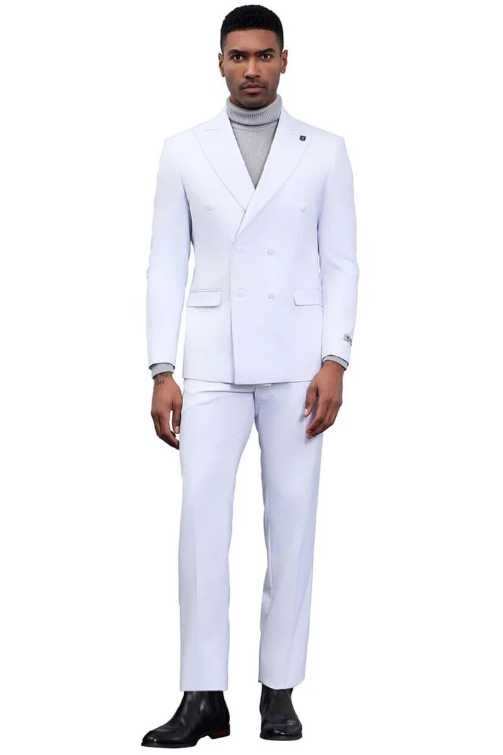 Cheap Priced Suit - Men's Designer Stacy Adams Classic Double Breasted White Suit - 38 Short Jacket+32 Waist Adjustable 28to34)(Height: 5 4 to5 7 )(Neck  15-16.5)S-M)