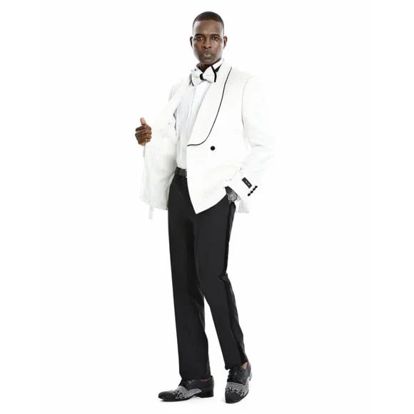 Knot Side Textured Paisley 2pc Tuxedo, White - 38 Short Jacket+32 Waist Adjustable 28to34)(Height: 5 4 to5 7 )(Neck  15-16.5)S-M)