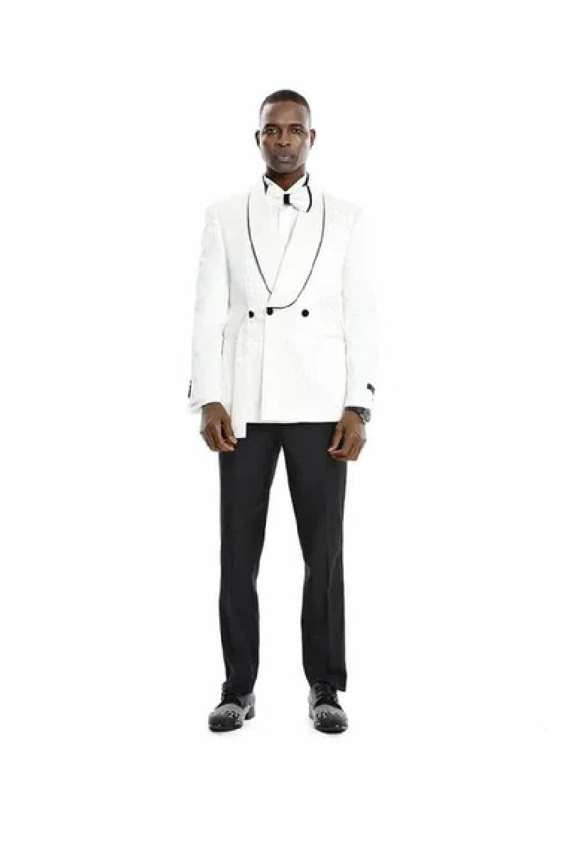 Knot Side Textured Paisley 2pc Tuxedo, White - 38 Short Jacket+32 Waist Adjustable 28to34)(Height: 5 4 to5 7 )(Neck  15-16.5)S-M)