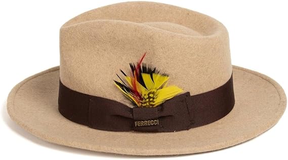 Gangster 100% Australian Wool Crushable Mens Fedora Hat - Removable Feather Gangster Beige Melange Mens Fedora Hat - Small