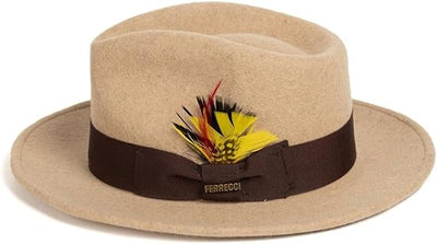 Gangster 100% Australian Wool Crushable Mens Fedora Hat - Removable Feather Gangster Beige Melange Mens Fedora Hat