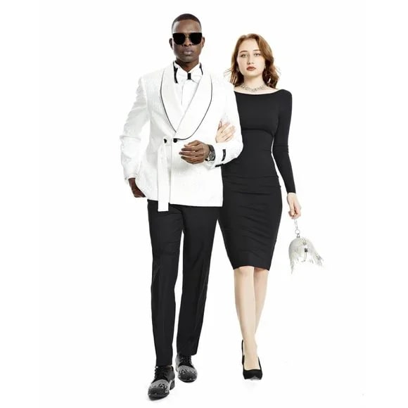 Knot Side Textured Paisley 2pc Tuxedo, White - 38 Short Jacket+32 Waist Adjustable 28to34)(Height: 5 4 to5 7 )(Neck  15-16.5)S-M)