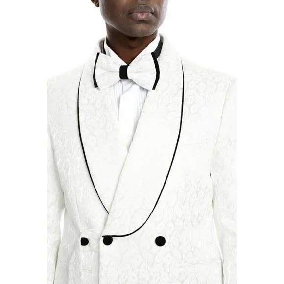 Knot Side Textured Paisley 2pc Tuxedo, White - 38 Short Jacket+32 Waist Adjustable 28to34)(Height: 5 4 to5 7 )(Neck  15-16.5)S-M)