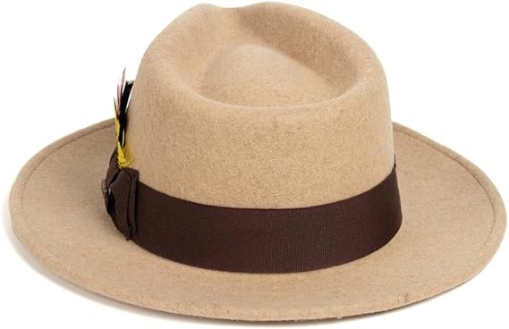Gangster 100% Australian Wool Crushable Mens Fedora Hat - Removable Feather Gangster Beige Melange Mens Fedora Hat - Small