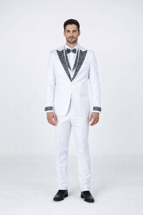 Mens White Peak Lapel Tuxedo with Stones Luxury 4-Piece Formal Suit