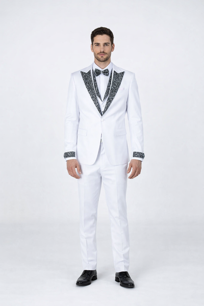 Mens White Peak Lapel Tuxedo with Stones Luxury 4-Piece Formal Suit