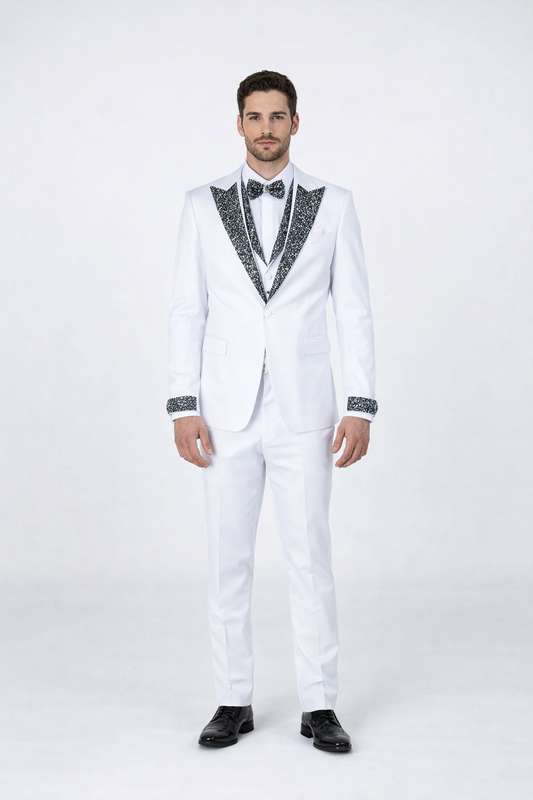 Men’s White Peak Lapel Tuxedo with Stones – Luxury 4-Piece Formal Suit