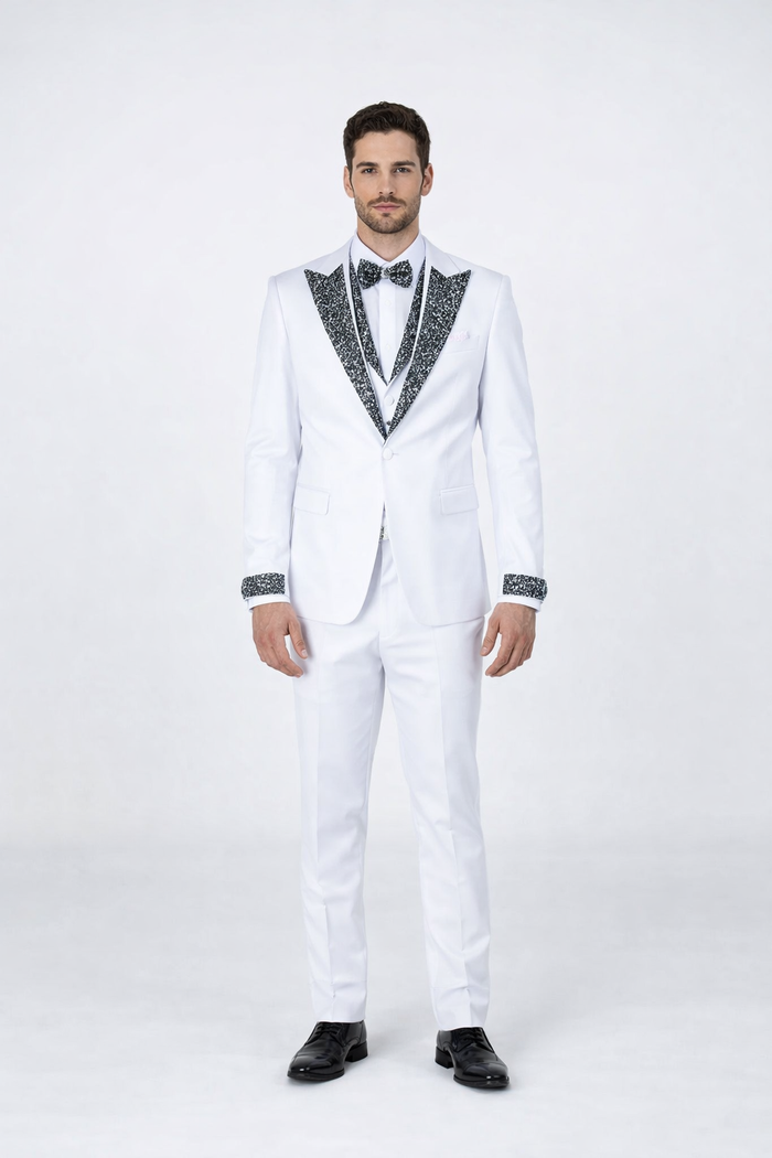 Mens White Peak Lapel Tuxedo with Stones Luxury 4-Piece Formal Suit