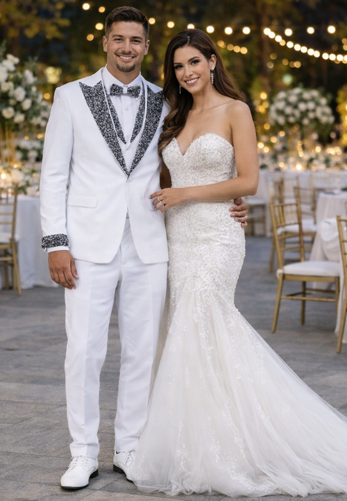 Mens White Peak Lapel Tuxedo with Stones Luxury 4-Piece Formal Suit
