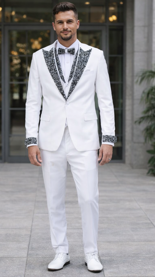 Mens White Peak Lapel Tuxedo with Stones Luxury 4-Piece Formal Suit
