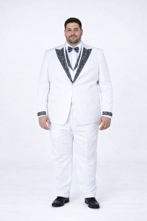 Mens White Peak Lapel Tuxedo with Stones Luxury 4-Piece Formal Suit