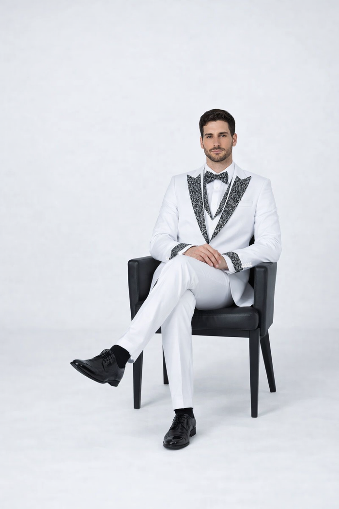 Mens White Peak Lapel Tuxedo with Stones Luxury 4-Piece Formal Suit