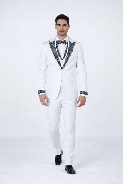 Mens White Peak Lapel Tuxedo with Stones Luxury 4-Piece Formal Suit
