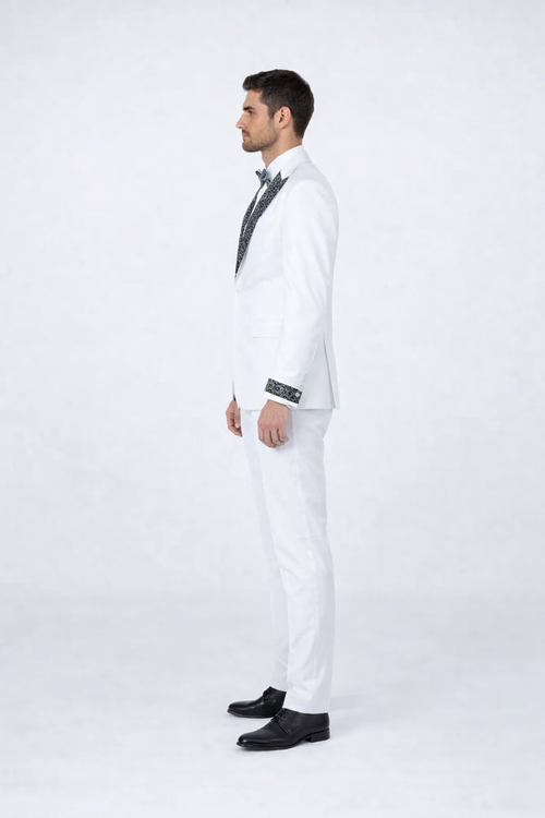 Mens White Peak Lapel Tuxedo with Stones Luxury 4-Piece Formal Suit