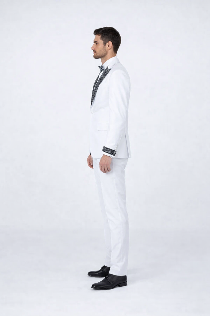 Mens White Peak Lapel Tuxedo with Stones Luxury 4-Piece Formal Suit
