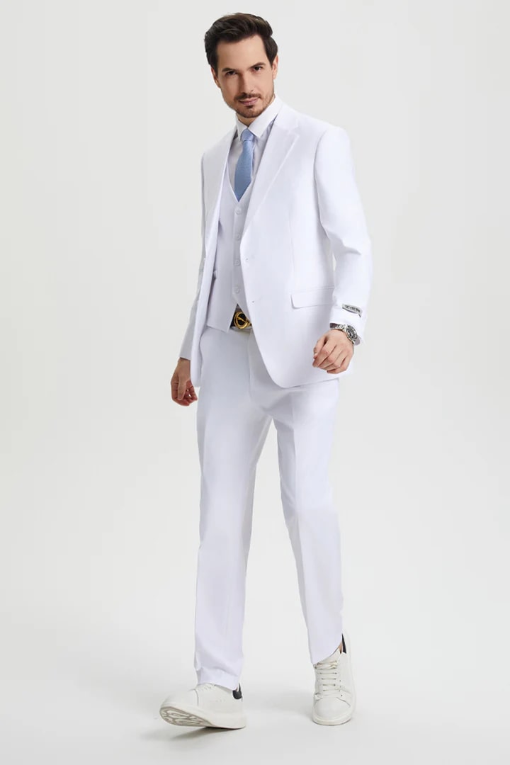 Cheap Priced Suit- Men's Two Button Vested Stacy Adams Basic Designer Sharkskin White Suit - 38 Short Jacket+32 Waist Adjustable 28to34)(Height: 5 4 to5 7 )(Neck  15-16.5)S-M)