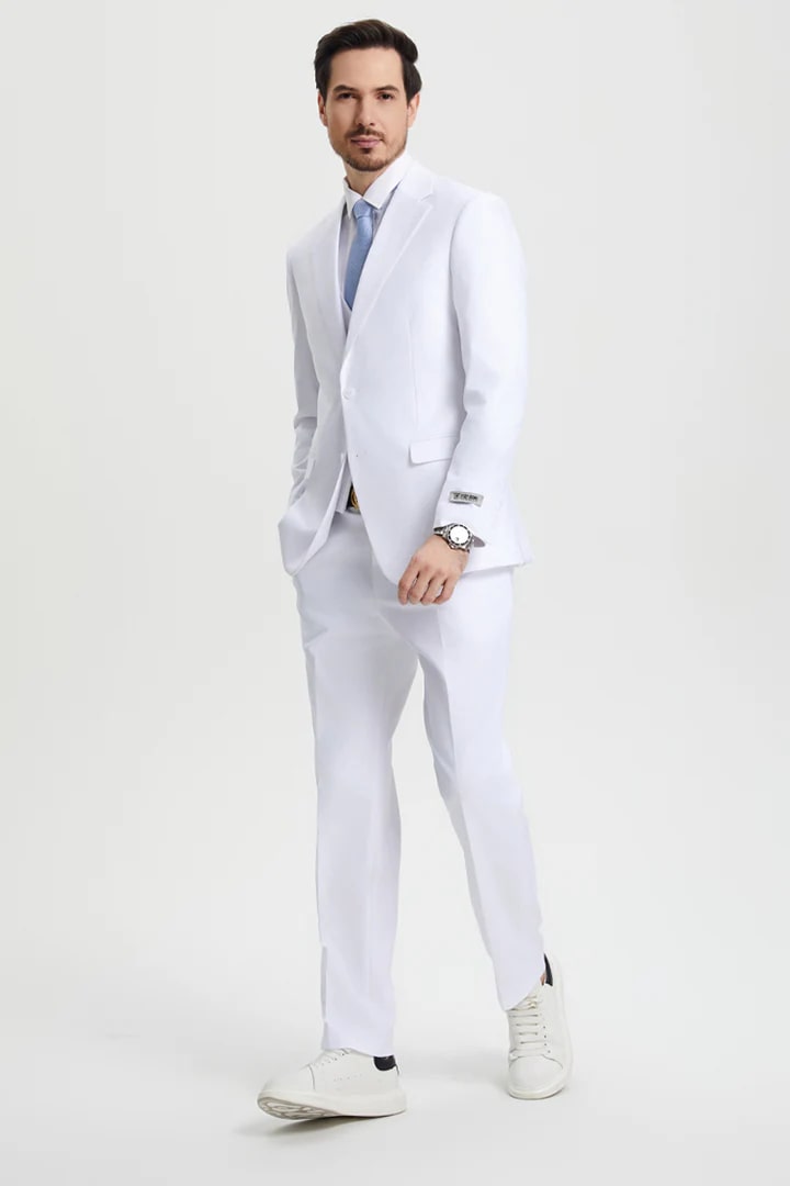 Cheap Priced Suit- Men's Two Button Vested Stacy Adams Basic Designer Sharkskin White Suit - 38 Short Jacket+32 Waist Adjustable 28to34)(Height: 5 4 to5 7 )(Neck  15-16.5)S-M)