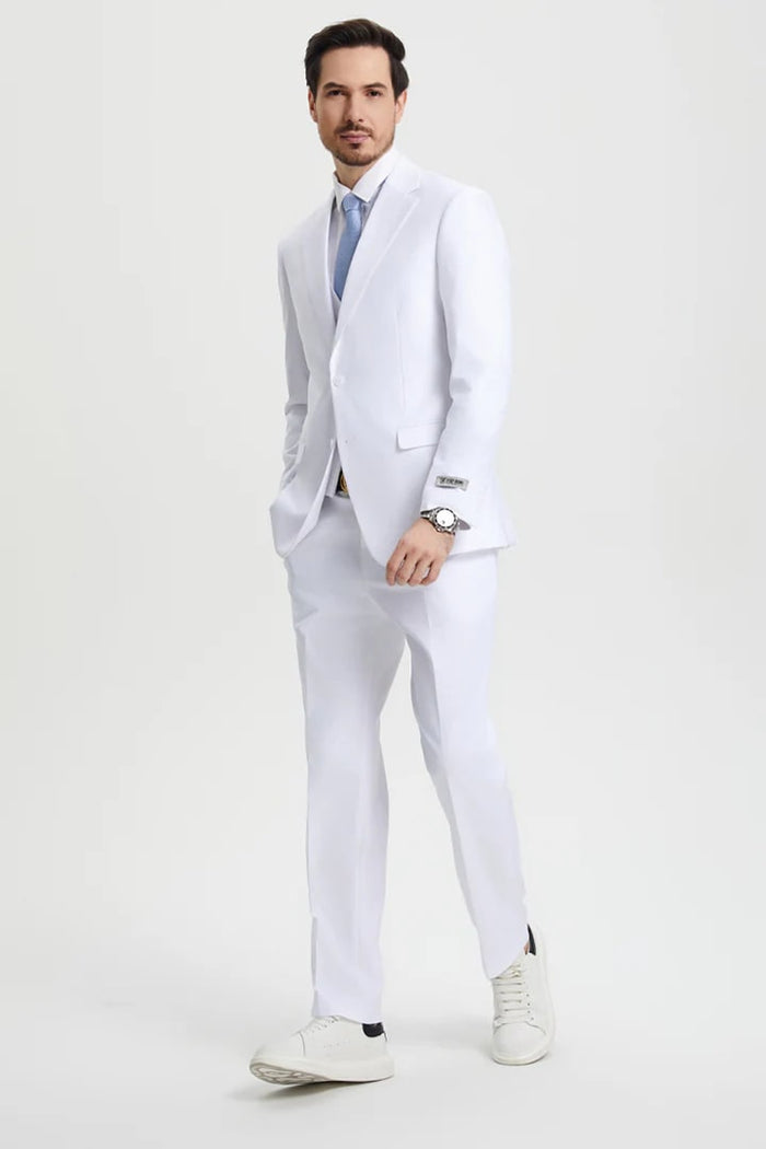 Cheap Priced Suit- Men's Two Button Vested Stacy Adams Basic Designer Sharkskin White Suit