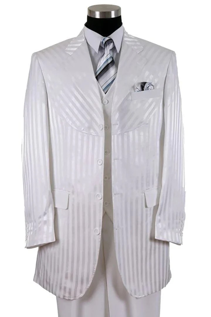 Cheap Priced Suit- Mens 4 Button Semi Wide Leg Shiny Tonal Stripe Fashion White Suit - 38 Short Jacket+32 Waist Adjustable 28to34)(Height: 5 4 to5 7 )(Neck  15-16.5)S-M)