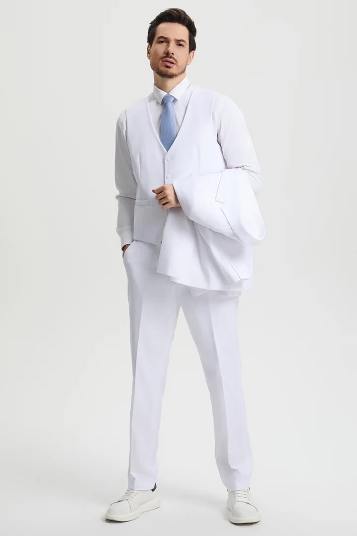 Cheap Priced Suit- Men's Two Button Vested Stacy Adams Basic Designer Sharkskin White Suit - 38 Short Jacket+32 Waist Adjustable 28to34)(Height: 5 4 to5 7 )(Neck  15-16.5)S-M)