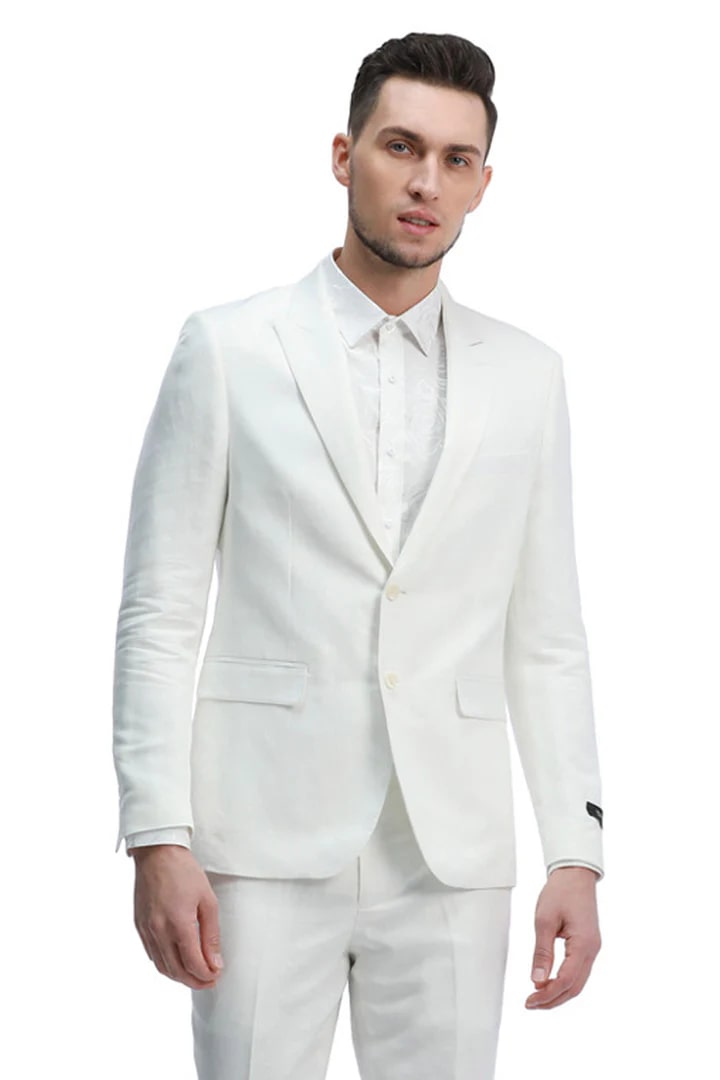 Cheap Suit - Men's Two Button Peak Lapel Summer Linen Style Beach Wedding White Suit - 38 Short Jacket+32 Waist Adjustable 28to34)(Height: 5 4 to5 7 )(Neck  15-16.5)S-M)