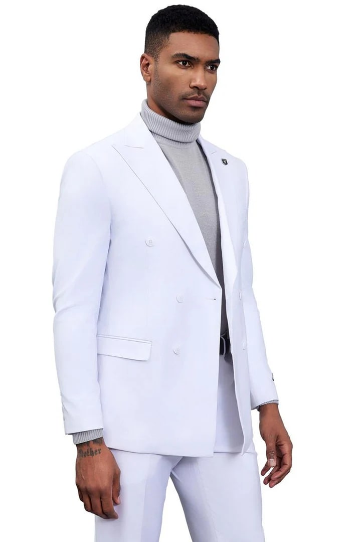 Cheap Priced Suit - Men's Designer Stacy Adams Classic Double Breasted White Suit - 38 Short Jacket+32 Waist Adjustable 28to34)(Height: 5 4 to5 7 )(Neck  15-16.5)S-M)