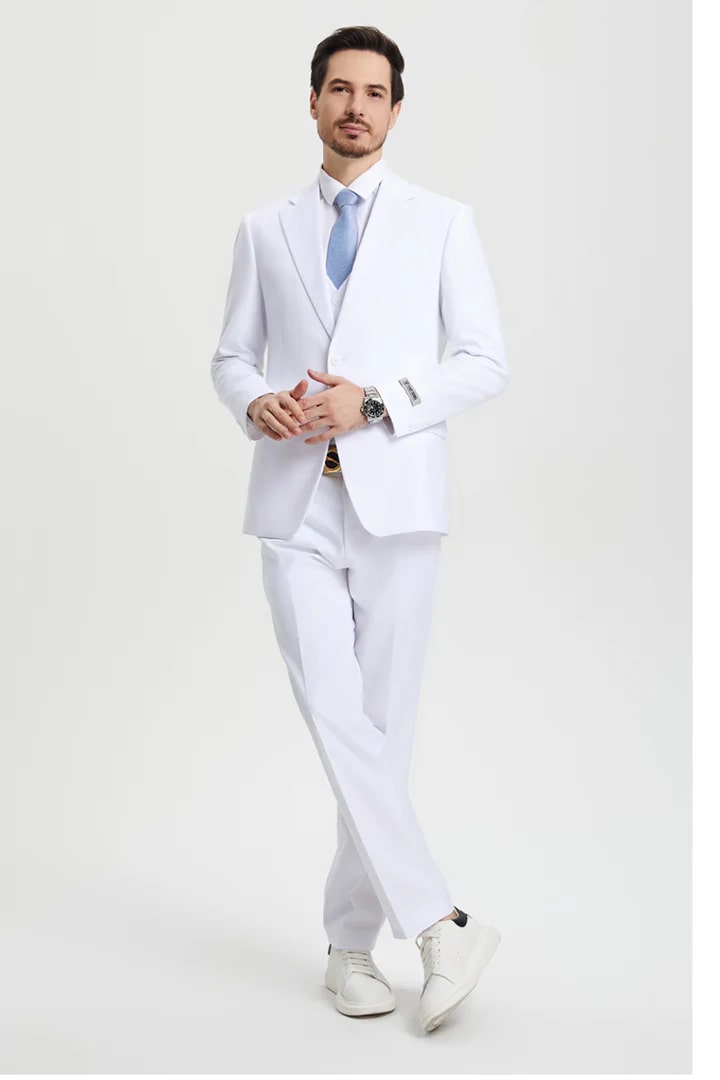 Cheap Priced Suit- Men's Two Button Vested Stacy Adams Basic Designer Sharkskin White Suit - 38 Short Jacket+32 Waist Adjustable 28to34)(Height: 5 4 to5 7 )(Neck  15-16.5)S-M)