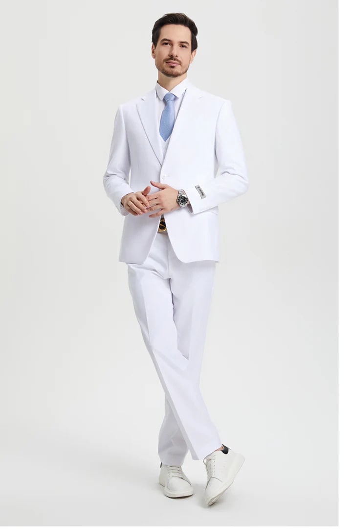 Cheap Suit - Men's Two Button Vested Stacy Adams Basic Designer Sharkskin White Suit