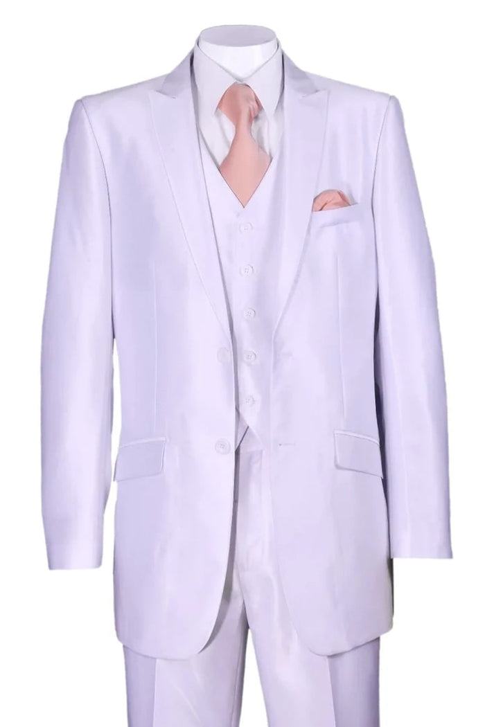 Cheap Priced Suit  - Mens 2 Button Vested Slim Fit Shiny Sharkskin Suit white